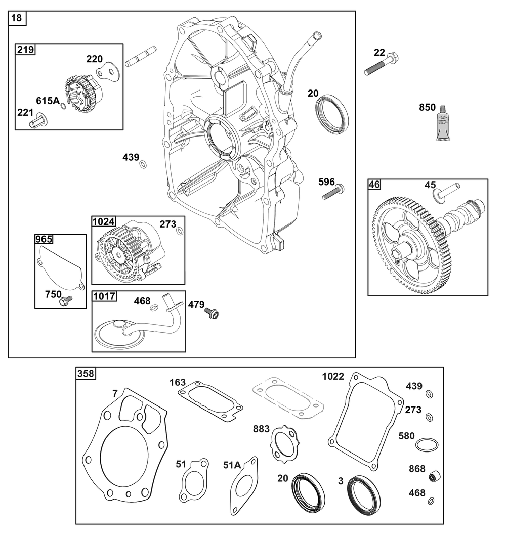 Crankcase Cover/Sump Group Diagram and Parts List for 61E377-0053-J1 400000 - 699999 Briggs and Stratton Engine